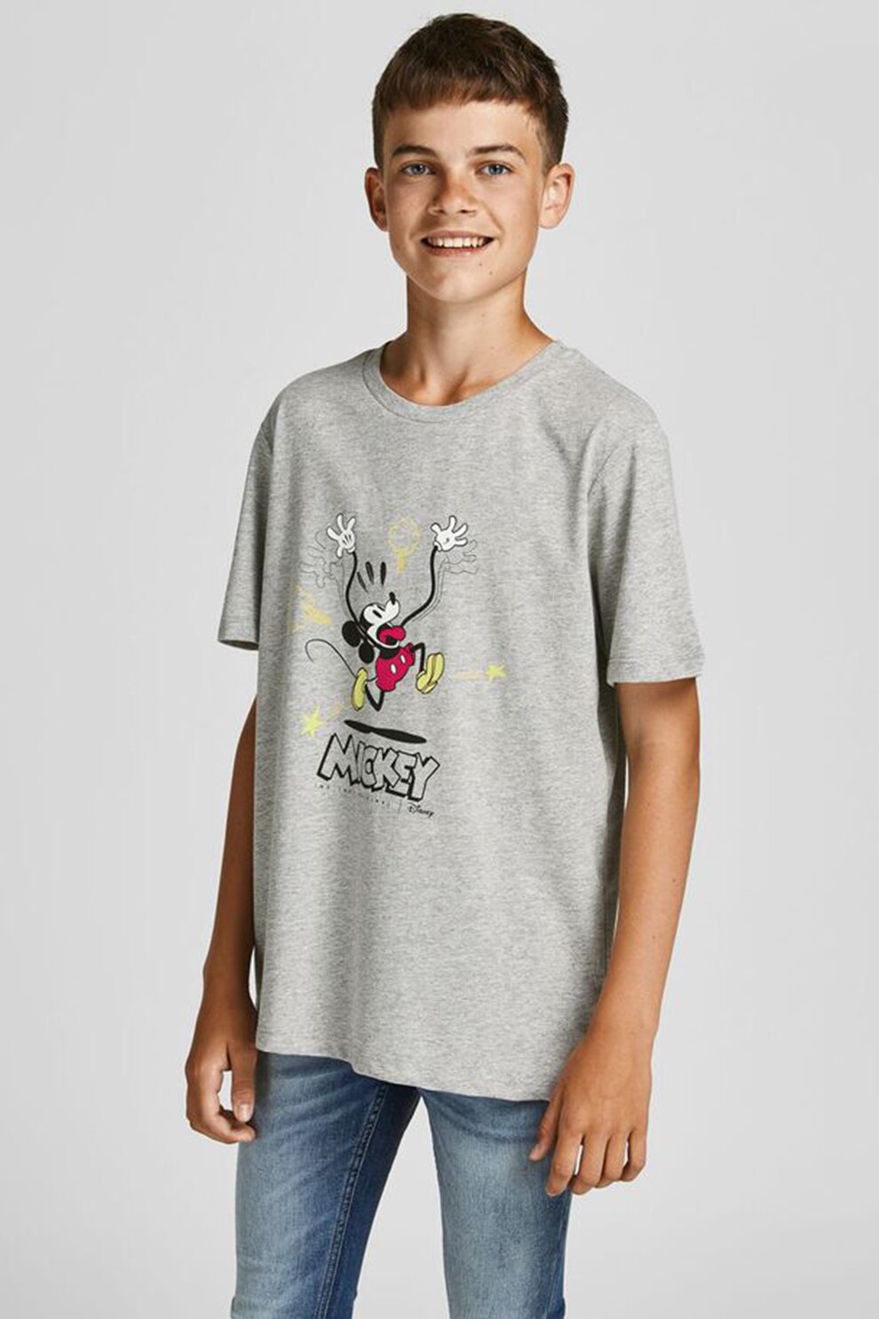 Jack&Jones, Tricou cu imprimeu si decolteu la baza gatului, Gri deschis melange