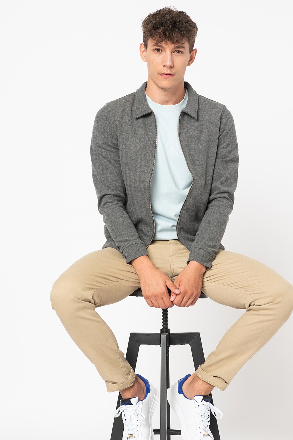 Jack&Jones, Bluza sport slim fit cu fermoar Blajones, Gri inchis melange, S