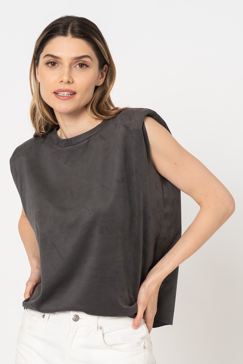 Only, Top din piele intoarsa ecologica cu umeri intariti Olivia, Gri antracit