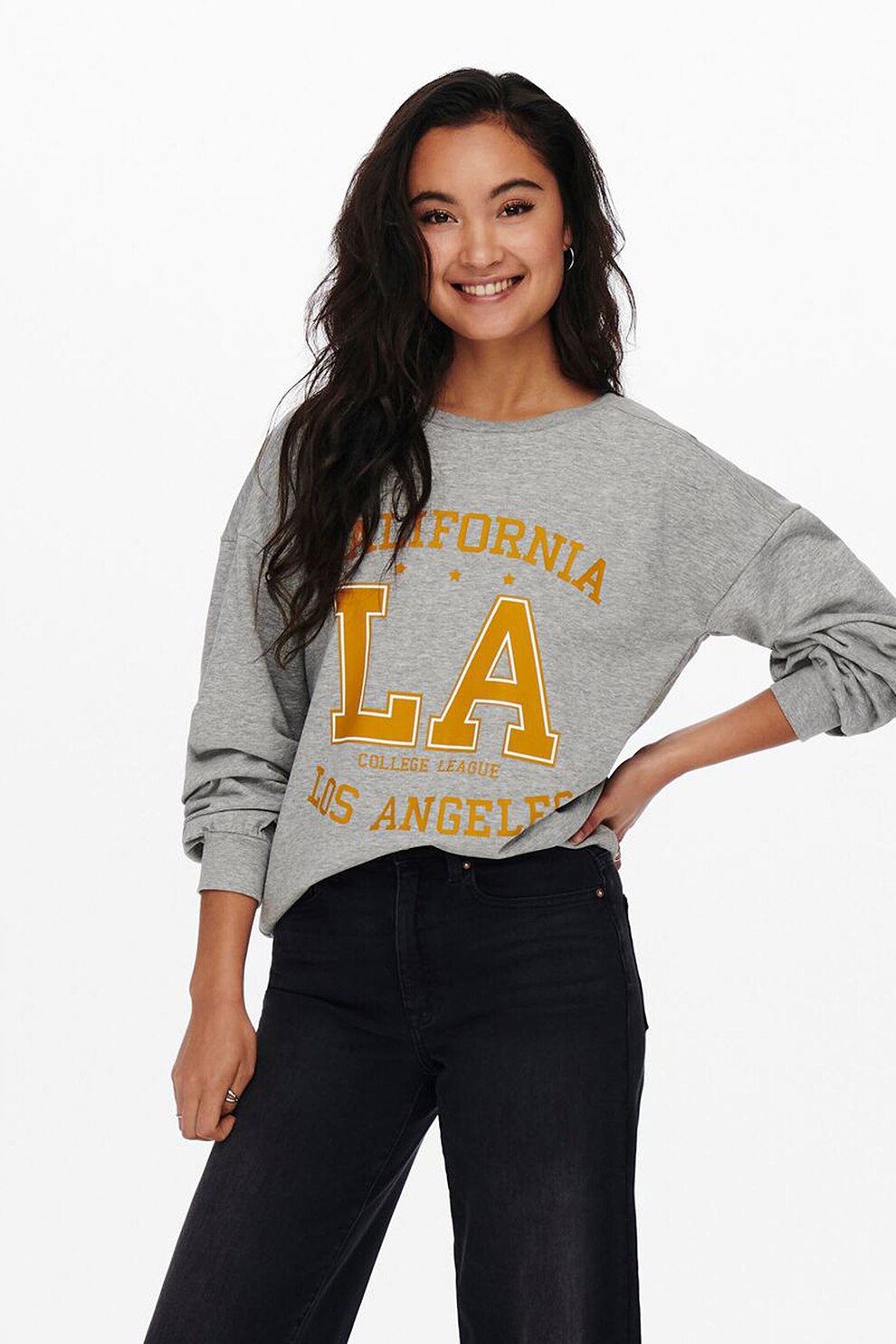 JdY, Bluza sport din amestec de bumbac cu imprimeu, Gri melange/Galben mustar