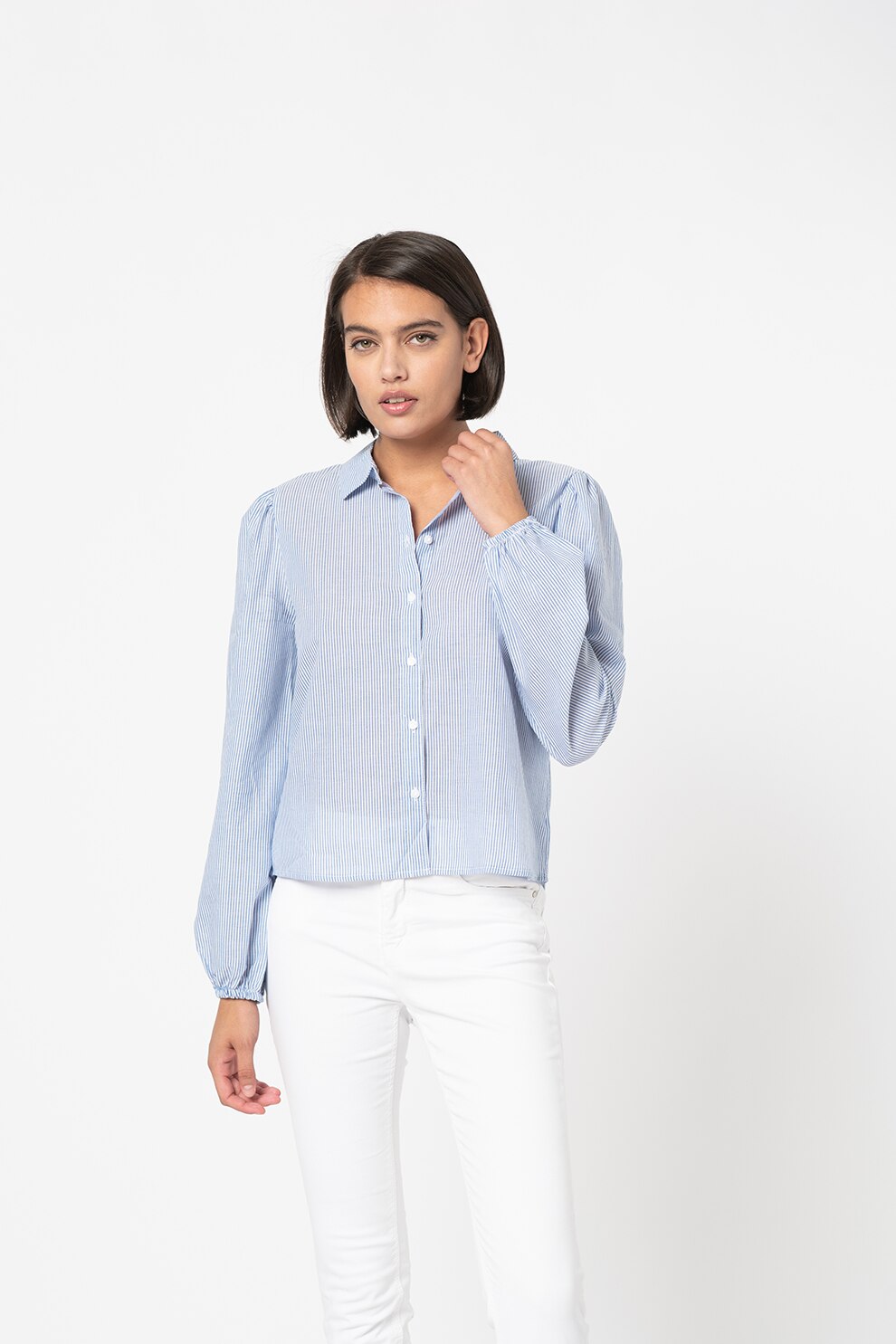 JdY, Camasa in dungi cu maneci bufante, Bleumarin/Alb