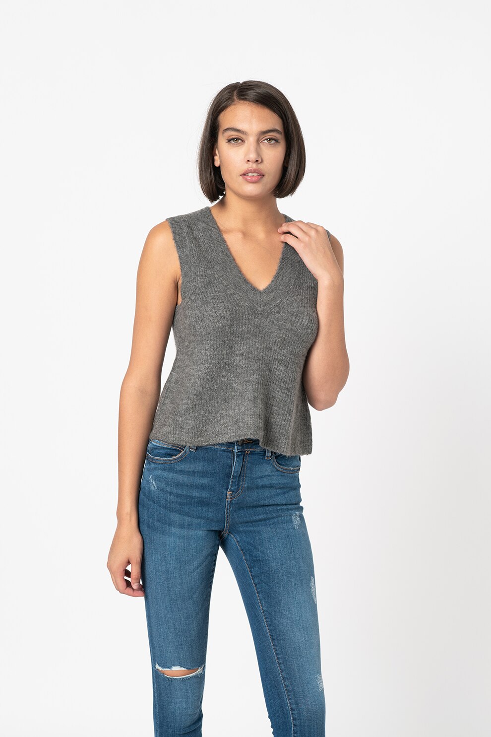 JdY, Vesta din tricot cu decolteu in V, Gri melange