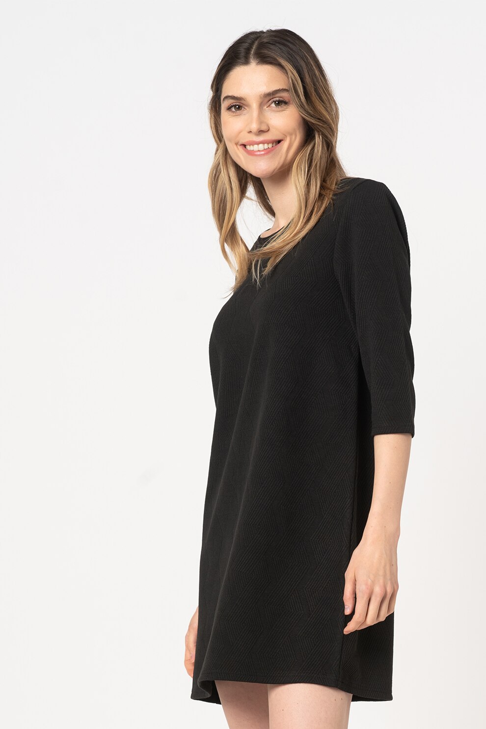 Only, Rochie mini texturata cu maneci 3/4 Soja, Negru