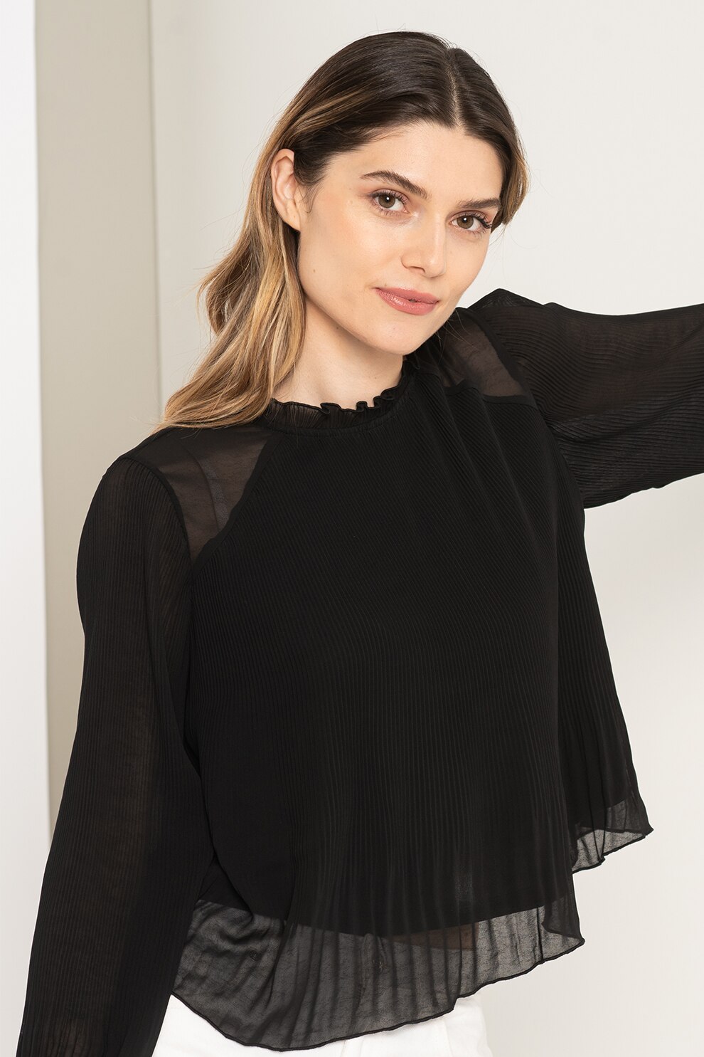 JdY, Bluza vaporoasa cu pliuri si maneci raglan, Negru, M