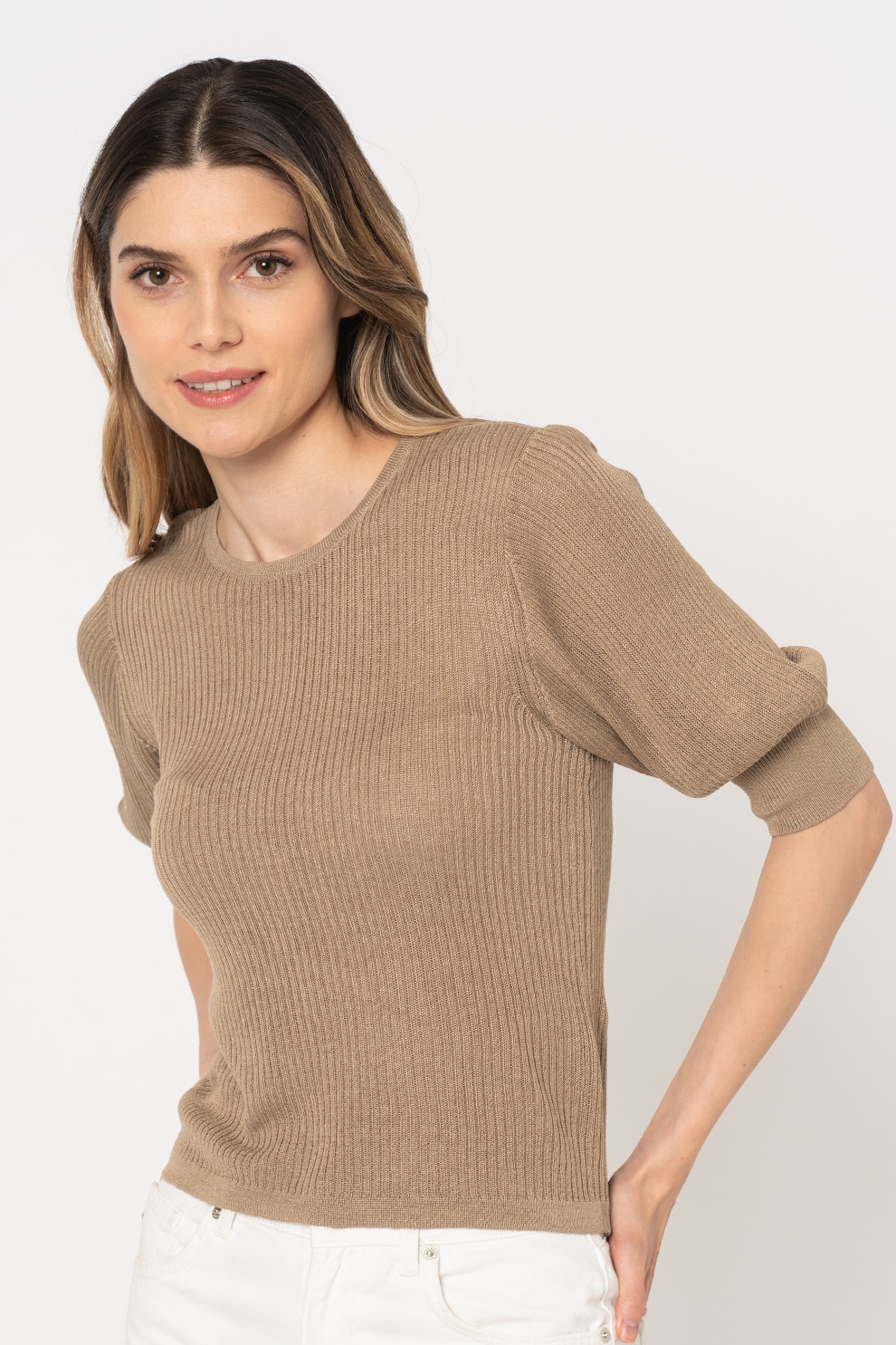 JdY, Pulover cu maneci medii si aspect striat, Maro camel, M