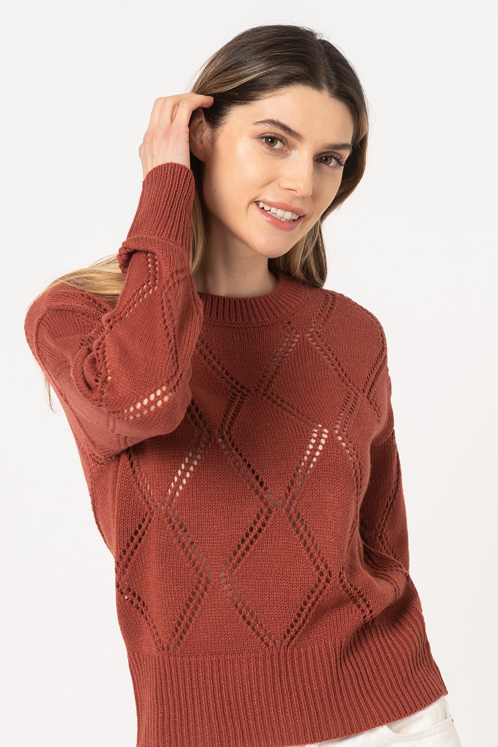 JdY, Pulover cu decolteu la baza gatului si model cu perforatii, Rosu inchis, L