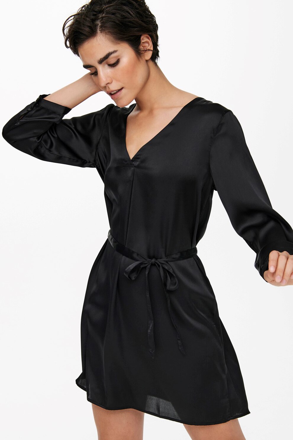 JdY,Rochie mini cu decolteu in V si aspect satinat, Negru