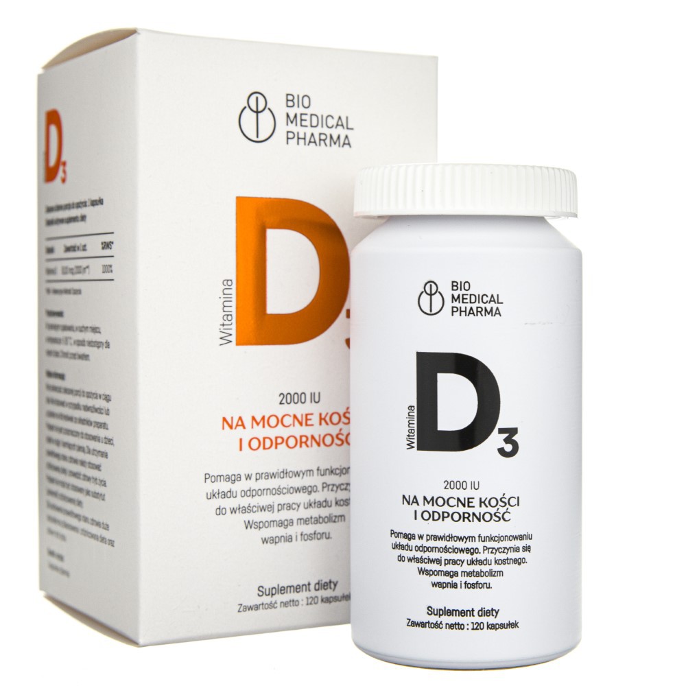 Хранителна добавка Bio Medical Pharma, Витамин D3, 2000 IU, 120 капсули ...