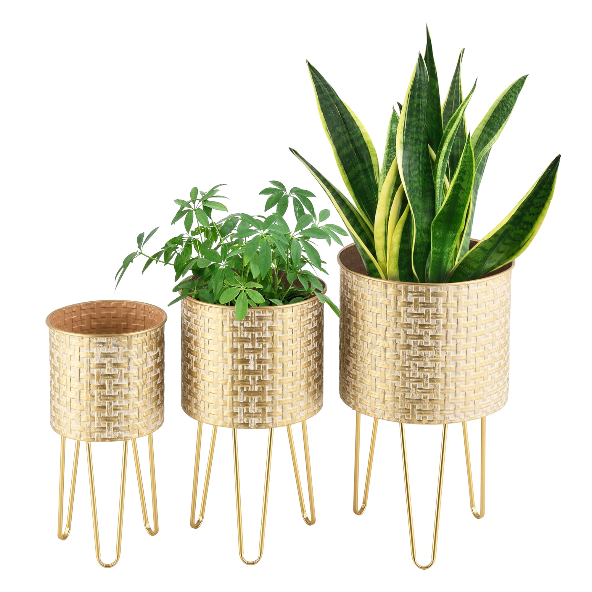 Set 3 bucati suport plante Kalmthout, en.casa, masuri diferite, metal, galben aramiu