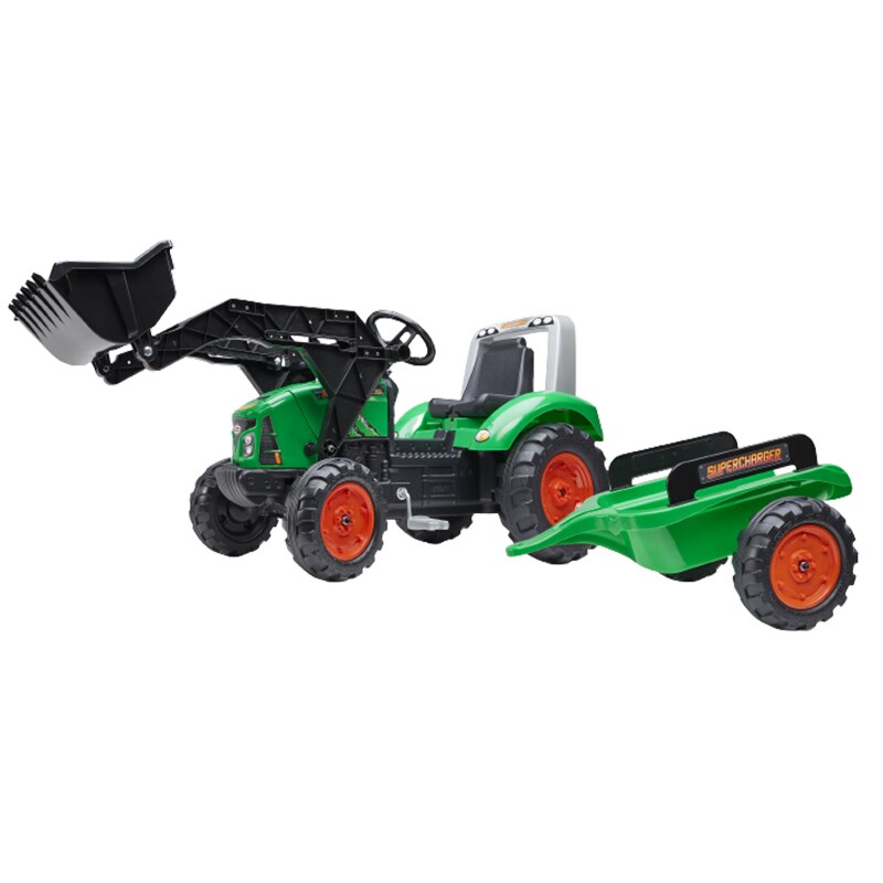 Tractor Falk pentru copii, cu pedale si remorca, Excavator pentru copii cu capac de deschidere, verde
