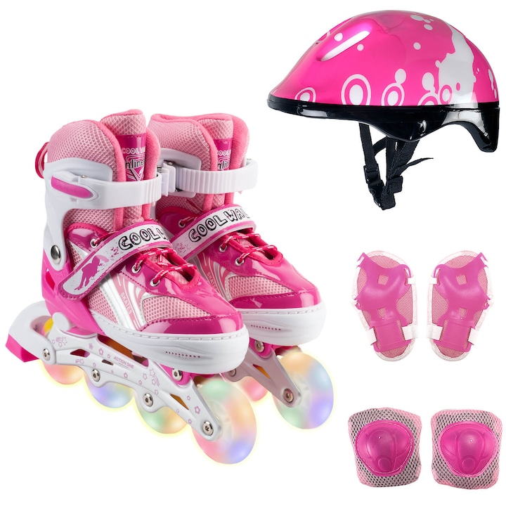 Set de role ActionOne Pinky, cu casca, protectii si geanta transport, reglabile, marimea M (35-38), roz