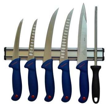 Set 5 Cutite profesionale pentru macelarie, dezosat, filetat, injunghiat, suport magnetic, otel inoxidabil si Masat rotund 20 cm Set 5 Cutite profesionale pentru macelarie, dezosat, filetat, injunghiat, suport magnetic, otel inoxidabil si Masat rotund 20 cm