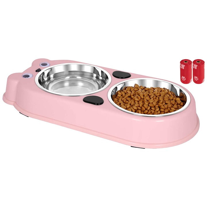 Set Castron Hranire FizioTab® Panda cu 2 Boluri de Inox si 2 Pungi Igienice, pentru Pisici si Caini de Talie Mica, Roz