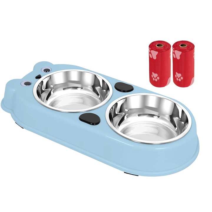 Set Castron Hranire FizioTab® Panda cu 2 Boluri de Inox si 2 Pungi Igienice, pentru Pisici si Caini de Talie Mica, Albastru