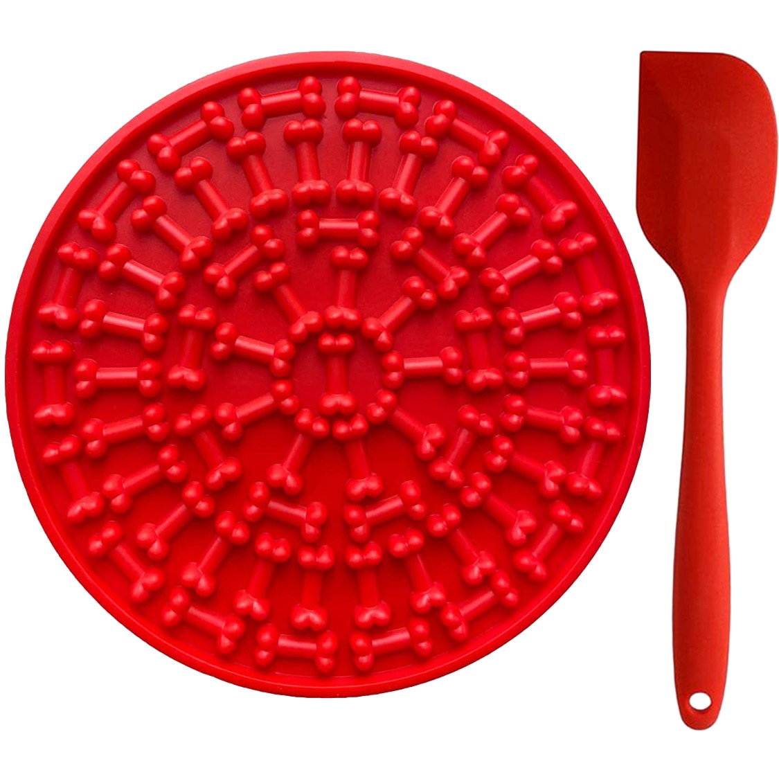 Set Covoras Hranire Lick Mat FizioTab® cu Spatula si 2 Pungi Igienice, pentru Caini si Pisici, Impotriva Anxietatatii si Plictiselii, 15x15X1 cm, Rosu