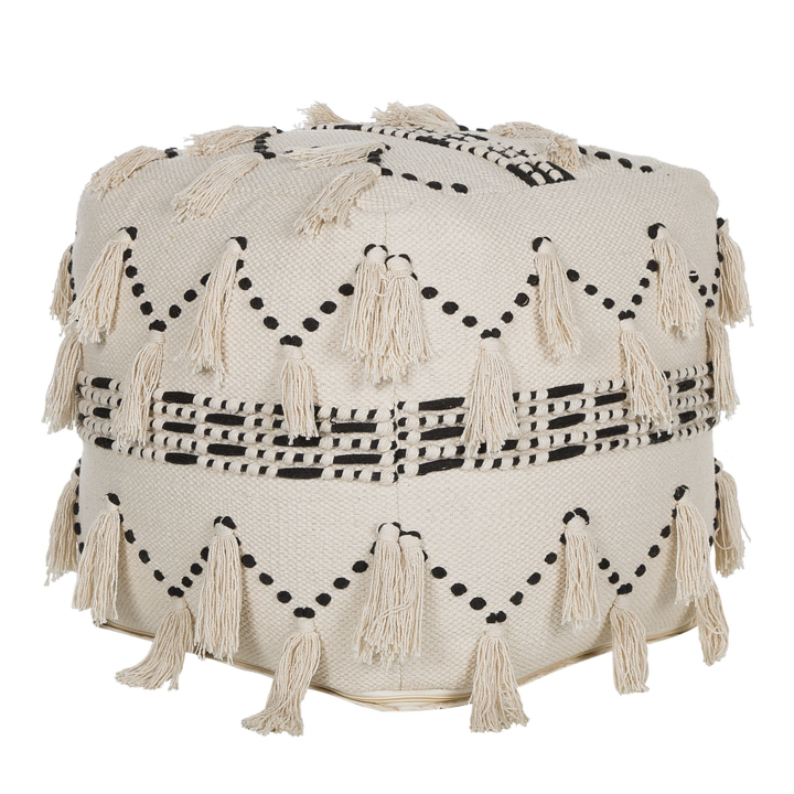 Puff Bézs, Fekete Pamut Kötött Dekoratív Bojtokkal, Boho Design