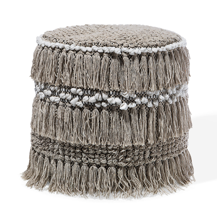 Bézs Rojtos Puff 43 x 44 cm Kör Alakú Bohó Rusztikus Stílus