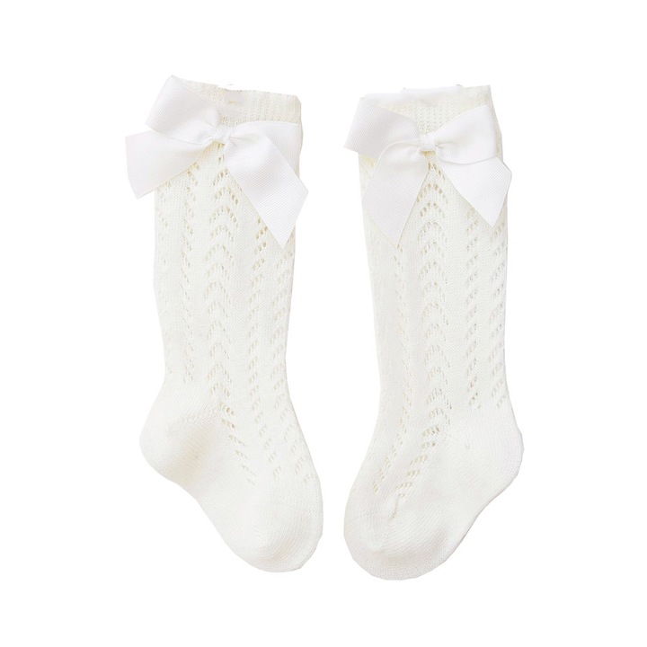 3/4 дълги чорапи за момиче за лятото, Zoreya, десен макраме, с панделка, кремав