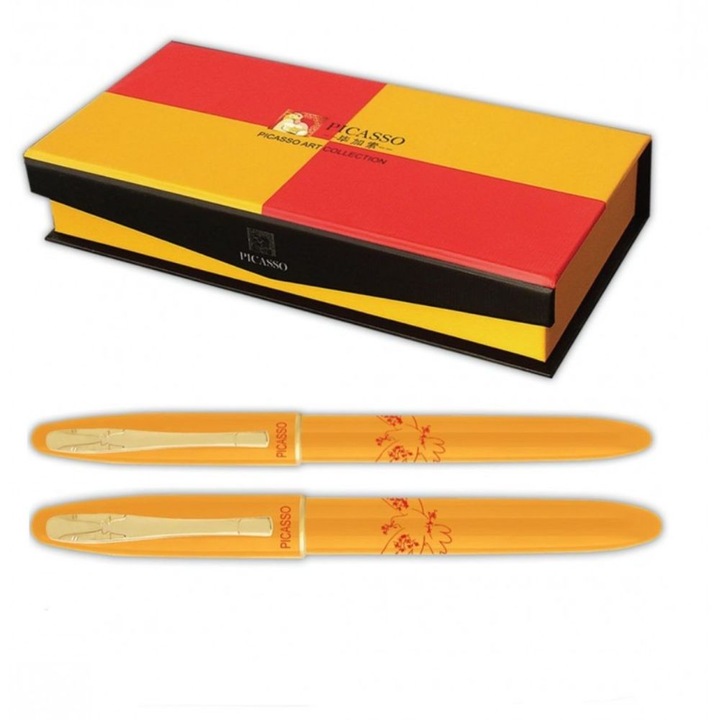 Set de Pix si Stilou cu Convertor PICASSO cu Penita din Iridiu, Placat cu Aur de 22k, Corp Galben