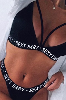 Costum de baie dama, 2 piese, imprimeu sexy baby, slip tanga si sutien reglabil, EFAYN RO, Negru Costum de baie dama, 2 piese, imprimeu sexy baby, slip tanga si sutien reglabil, EFAYN RO, Negru