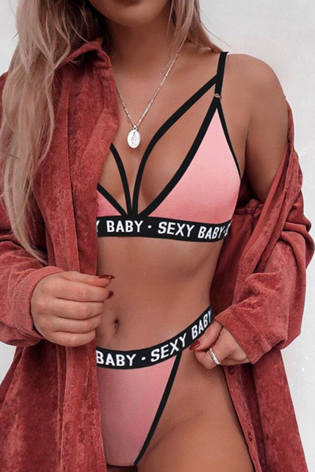 Costum de baie dama, 2 piese, imprimeu sexy baby, slip tanga si sutien reglabil, EFAYN RO, Roz