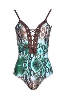 Costum de baie intreg modelator cu decupaj intre sani, model de lux Imprimeu Sarpe, SN51, Maro/Verde, 70B Costum de baie intreg modelator cu decupaj intre sani, model de lux Imprimeu Sarpe, SN51, Maro/Verde, 70B