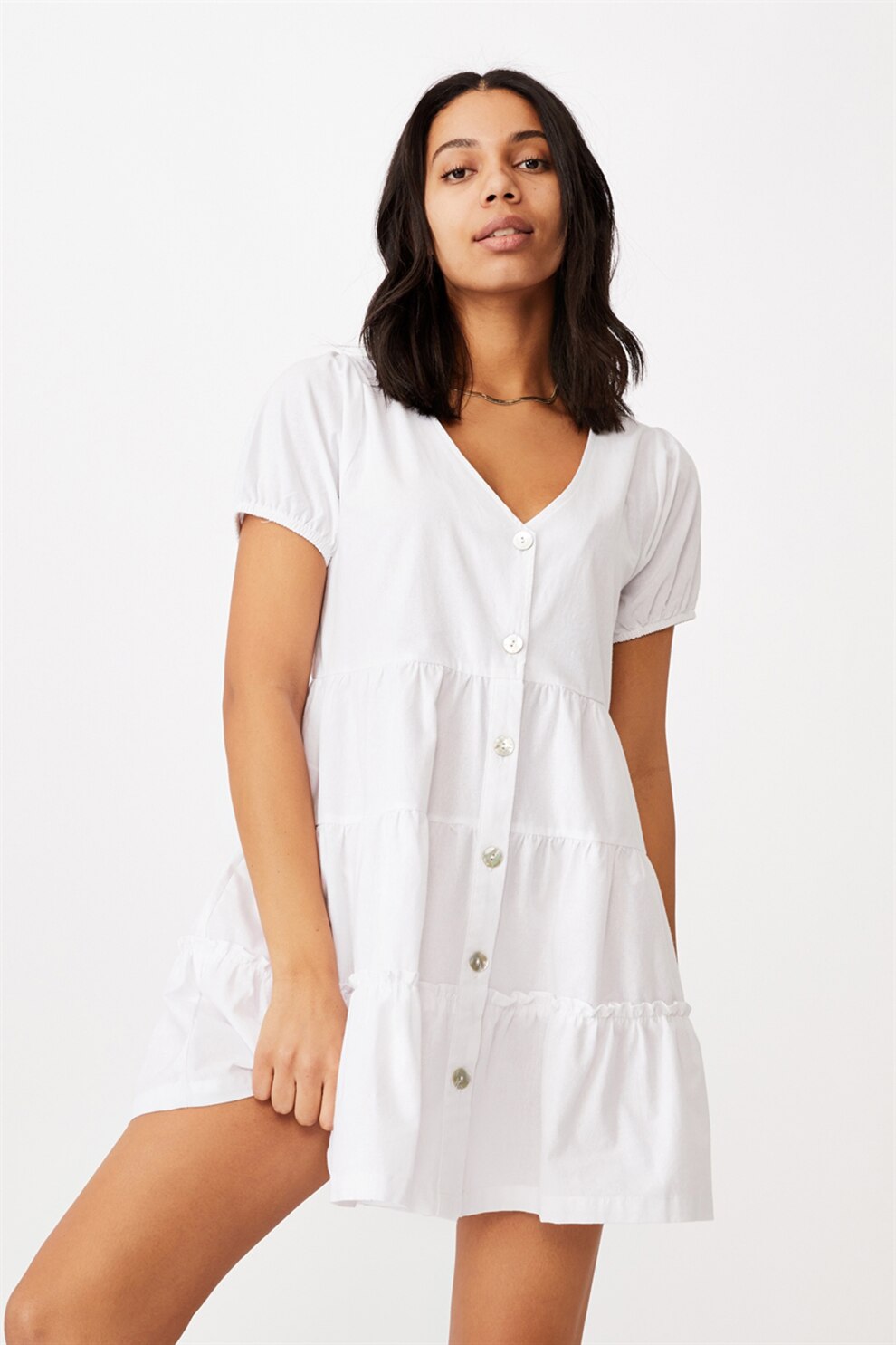 Cotton On, Rochie mini evazata cu decolteu in V, Alb