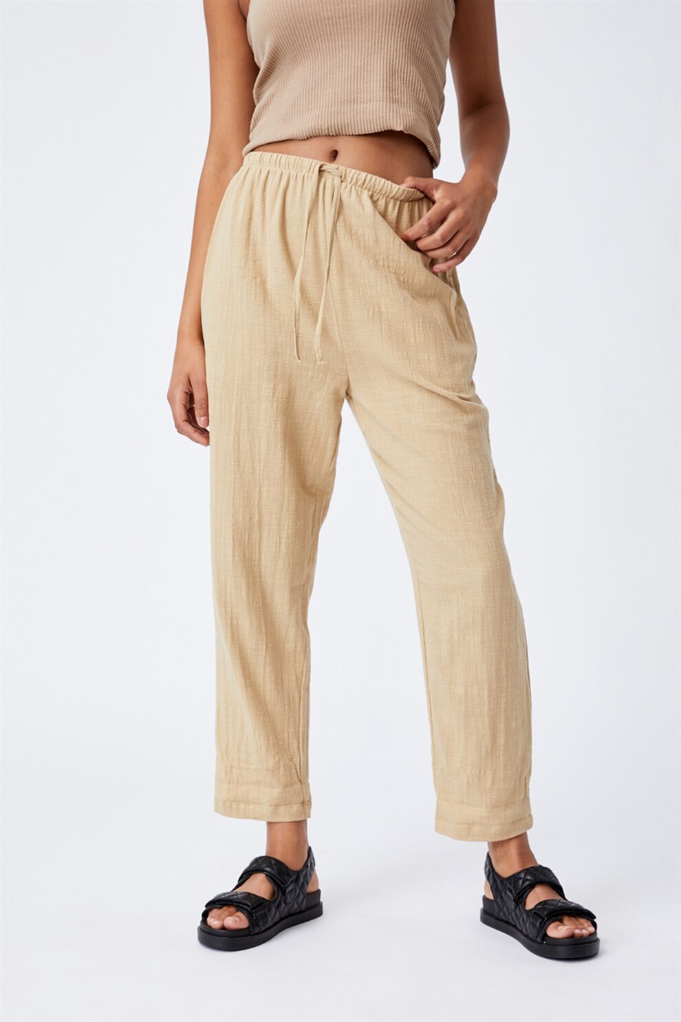 Cotton On, Pantaloni relaxed fit cu snur Cali, Maro camel