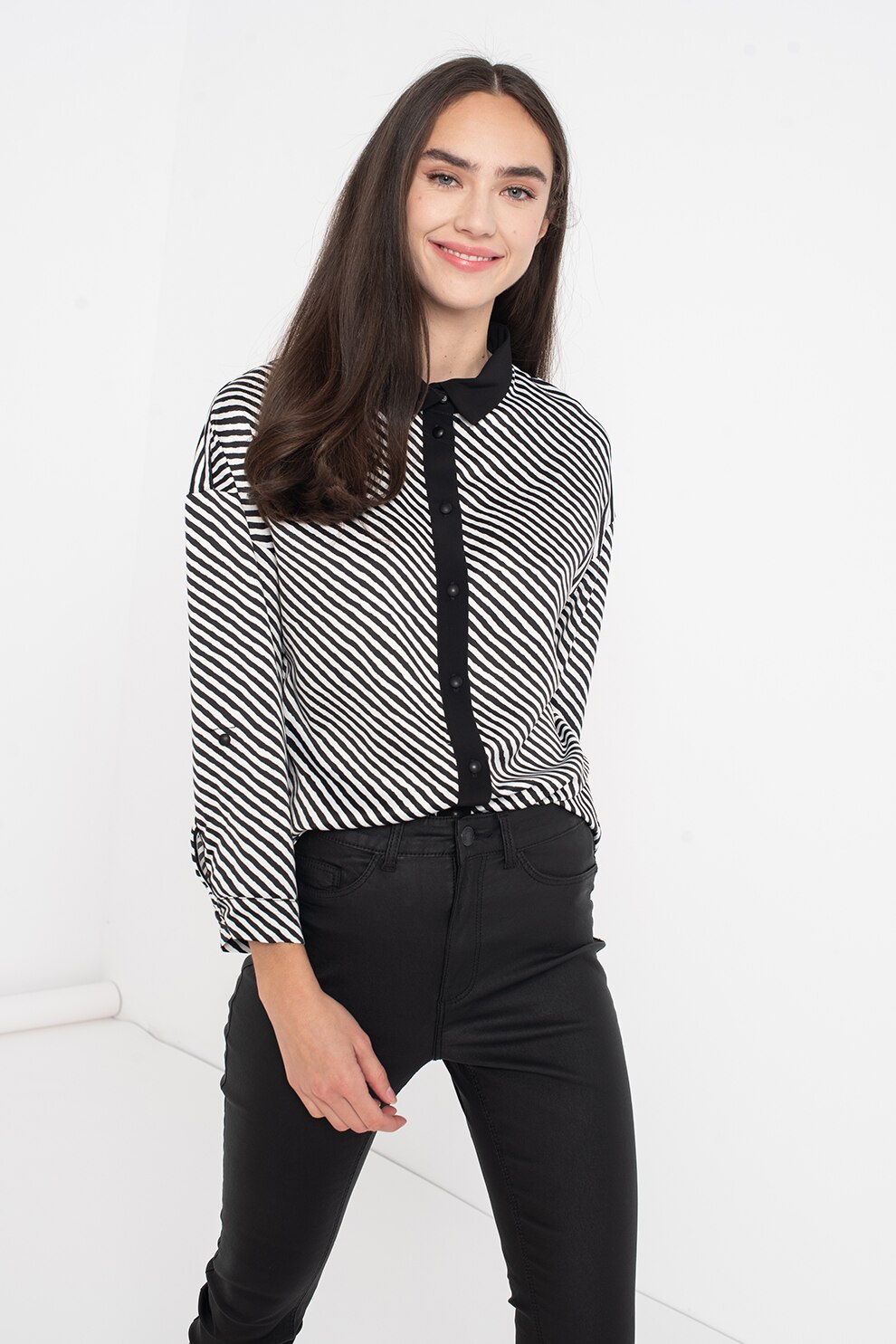 BAROCCA, Camasa cu model in dungi si maneci cazute, Alb optic/Negru