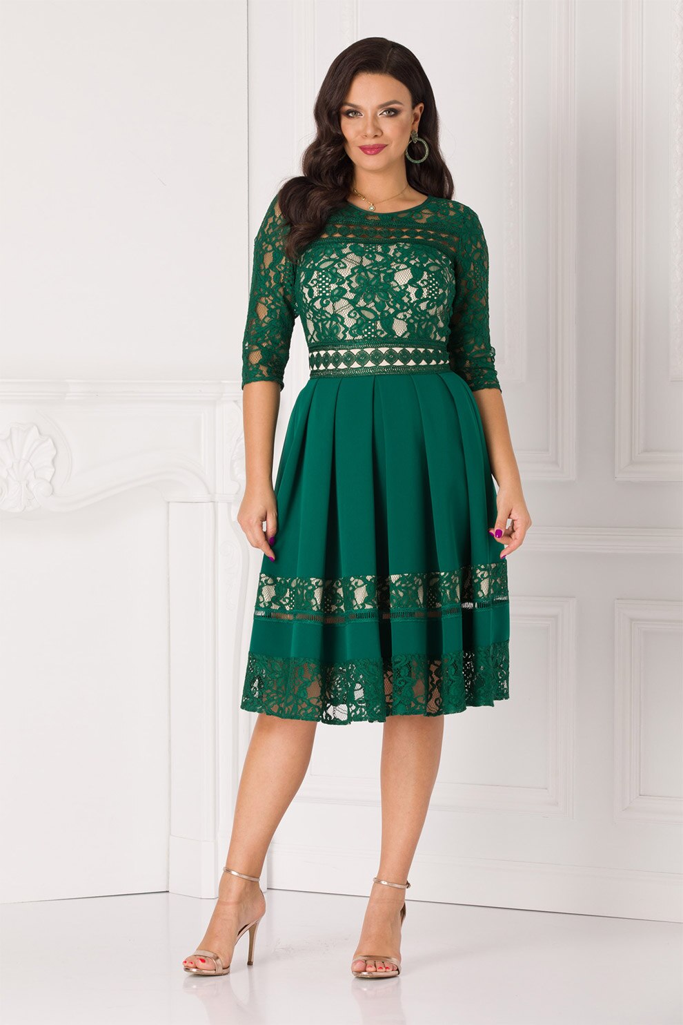 BAROCCA, Rochie midi cu croiala A si detalii de dantela, Verde englez