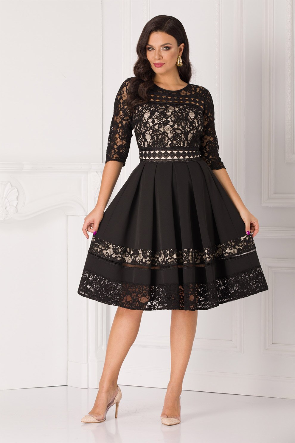 BAROCCA, Rochie midi cu croiala A si detalii de dantela, Negru