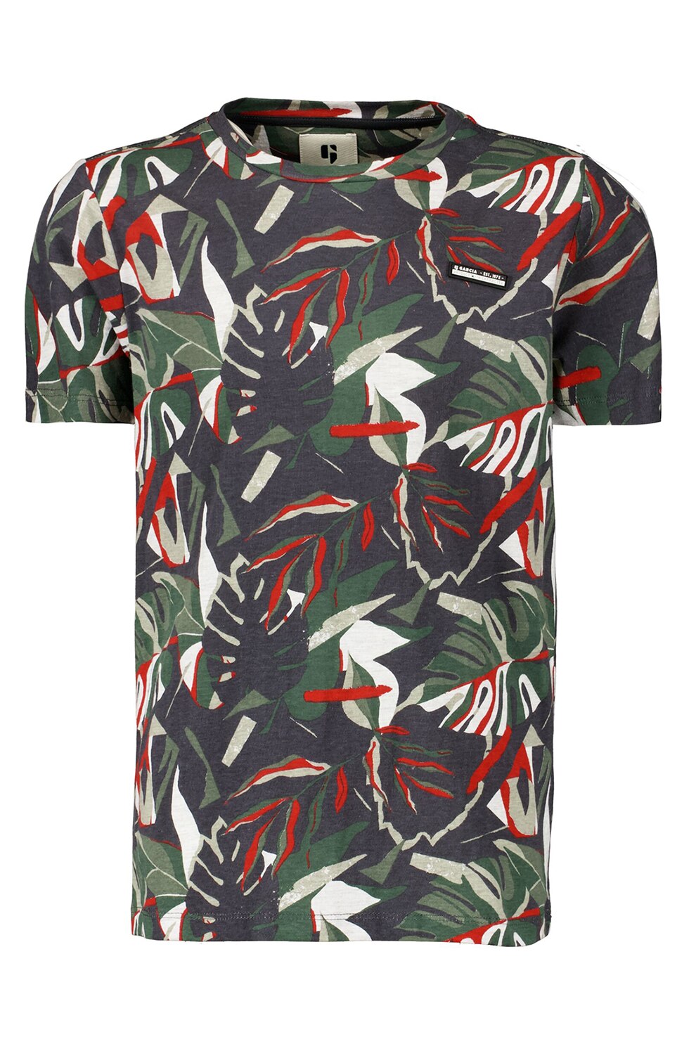 Garcia, Tricou cu decolteu la baza gatului si model tropical, gri inchis, verde sparanghel, rosu