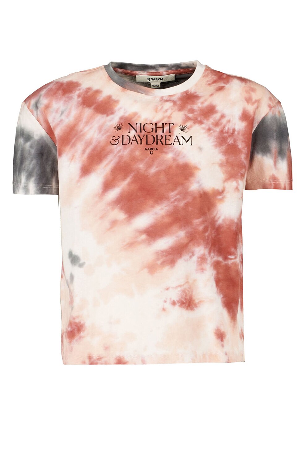 Garcia, Tricou cu decolteu la baza gatului si model tie-dye, gri deschis, alb prafuit, rosu stins