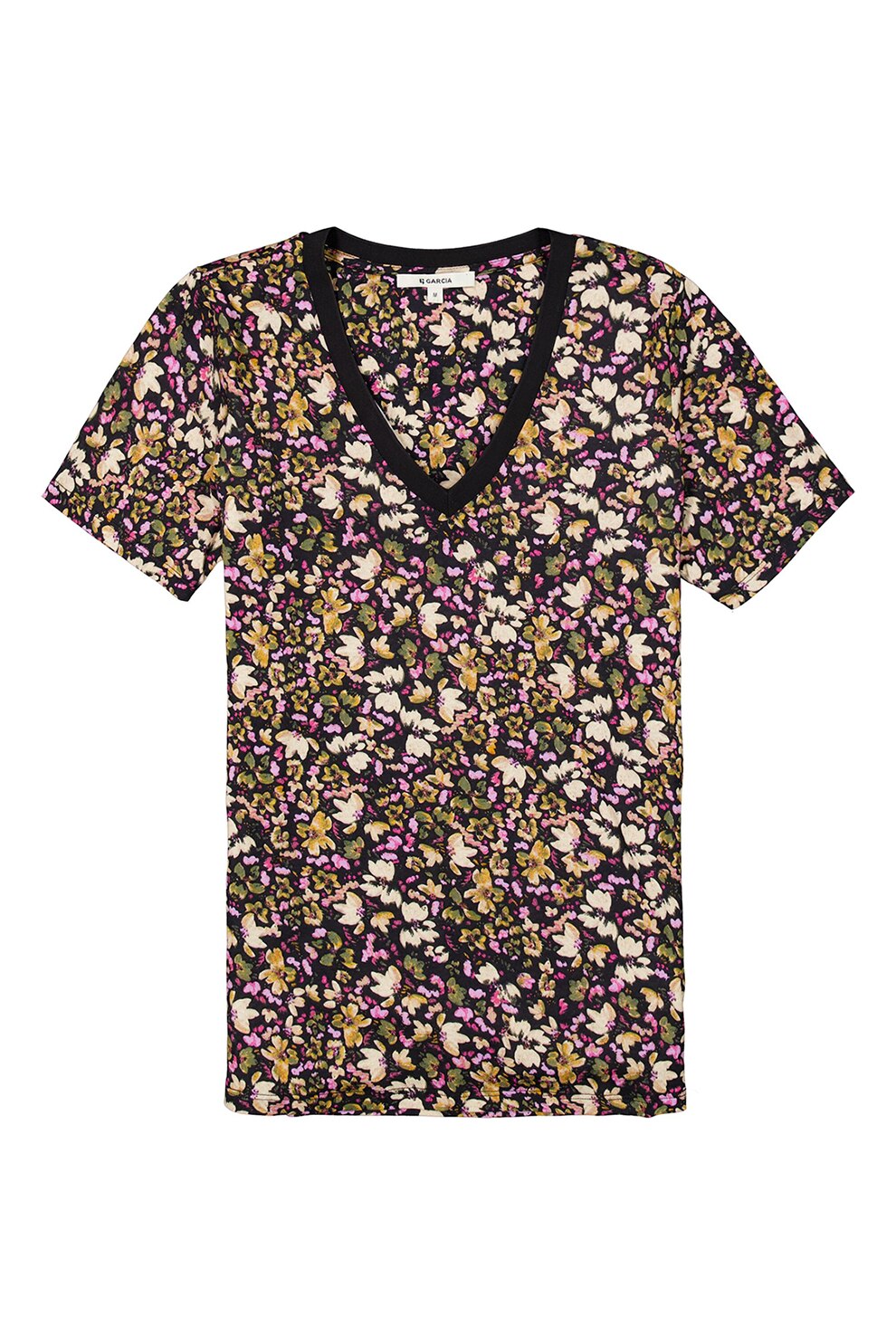 Garcia, Tricou din amestec de bumbac cu imprimeu floral, Negru/aro nisip/Roz pal