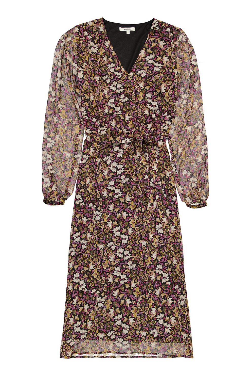 Garcia, Rochie lunga evazata cu model, Negru/aro nisip/Roz pal
