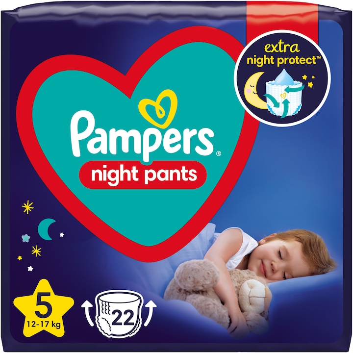 Пелени-гащички Pampers Night Pants, Нощни, Размер 5, 12-17 кг, 22 броя
