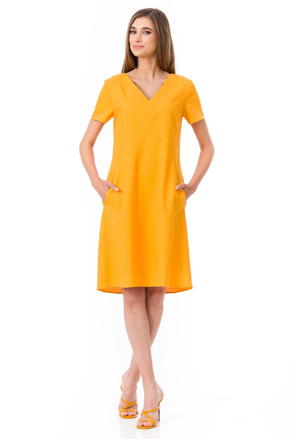 Sense, Rochie din amestec de in, cu decolteu in V Karina, Galben sofran