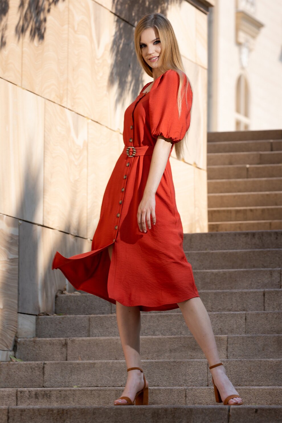 Sense, Rochie midi cu o curea in talie Joyce, Rosu caramiziu