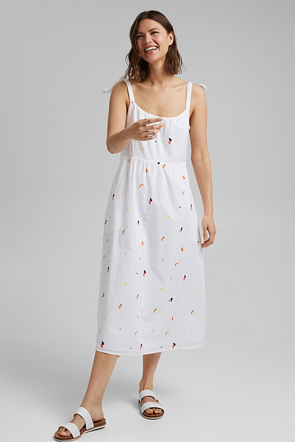Esprit, Rochie midi de bumbac organic, cu imprimeu, Alb/Orange/Galben