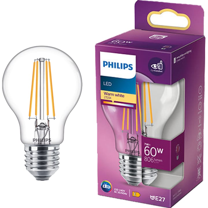 Bec LED Philips Classic A60, EyeComfort, E27, 7W (60W), 806 lm, lumina alba calda (2700K), clasa energetica E