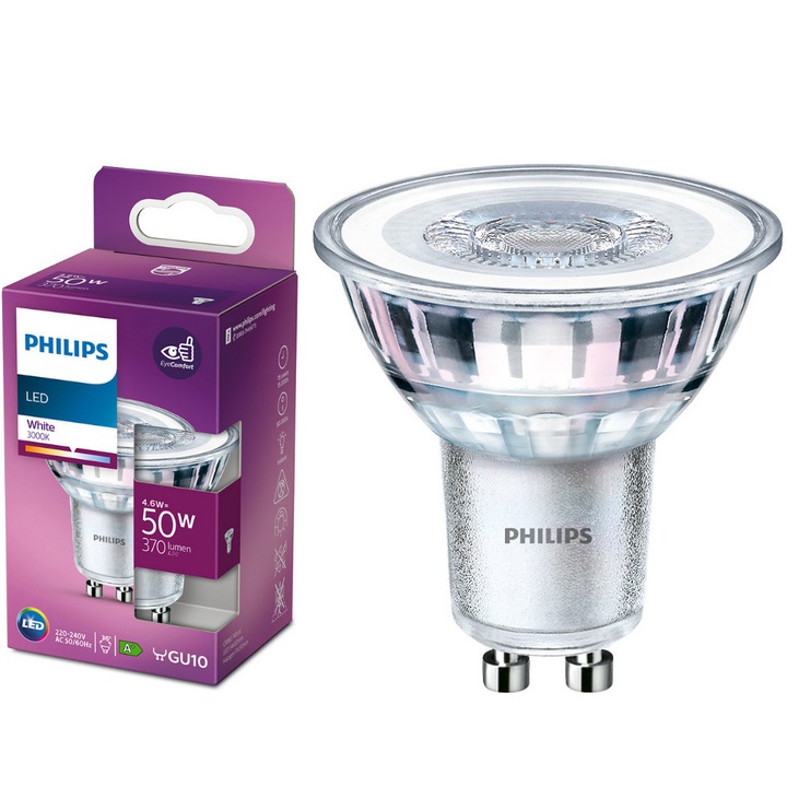 Крушка с LED Philips GU10, 4.6W, 370lm, 3000K, неутрално бяла светлина