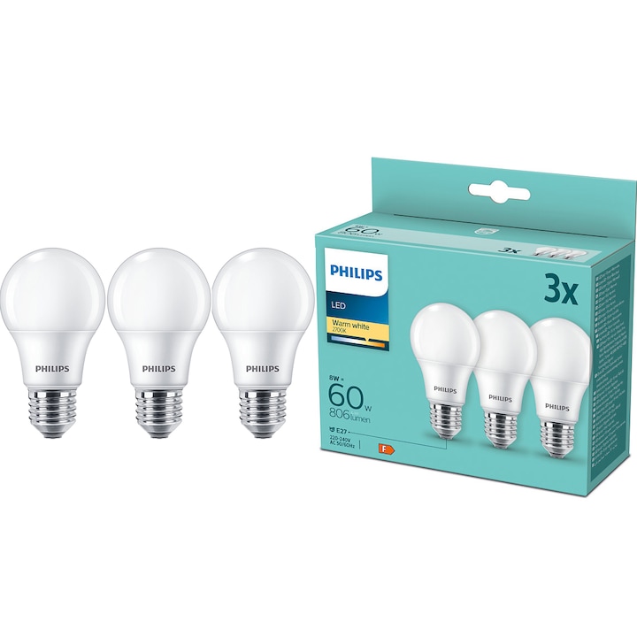Pachet 3 becuri LED Philips, A60, E27, 8W (60W), 806 lm, lumina alba calda (2700K), clasa energetica F