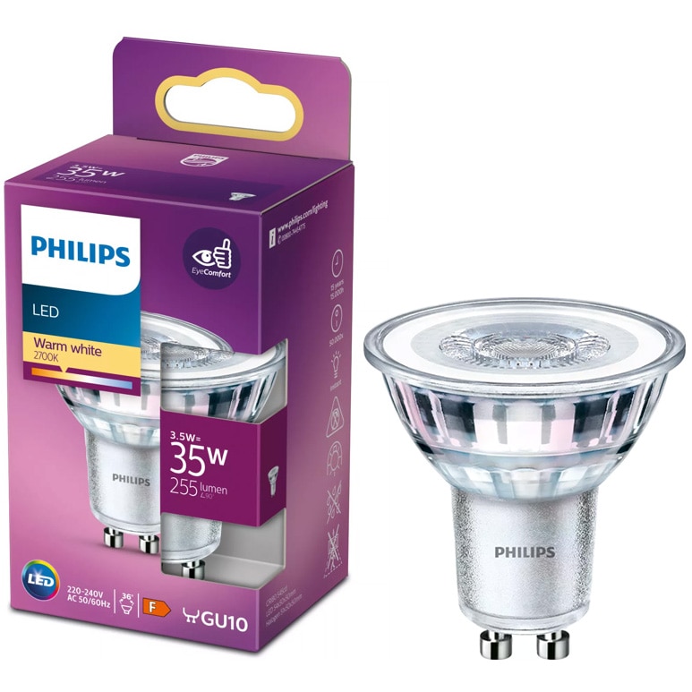 Bec LED spot Philips, GU10, 3.5W (35W), 255 lm, lumina calda (2700K), Clasa energetica F