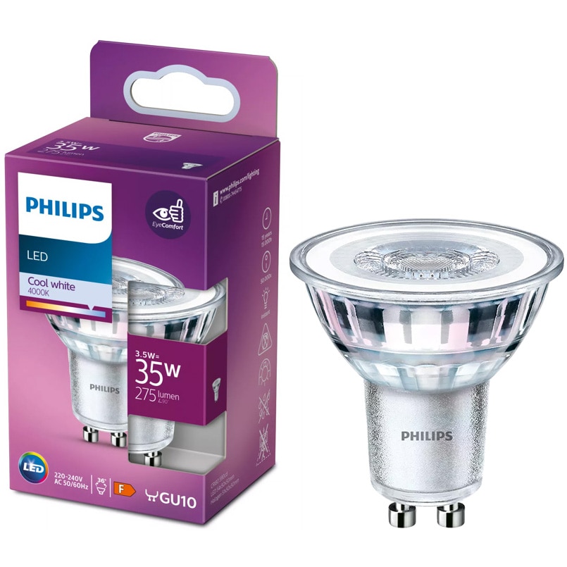 Bec LED spot Philips, GU10, 3.5W (35W), 275 lm, lumina neutra (4000K), Clasa energetica F