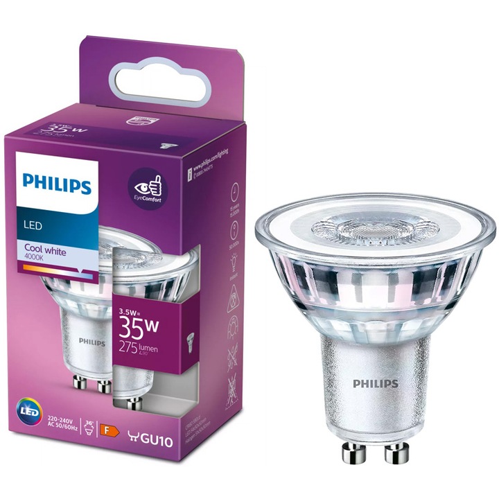 Крушка LED Philips, Тип спот, GU10, 3.5W (35W), 275 лумена, Неутрална светлина (4000K), Енергиен клас F