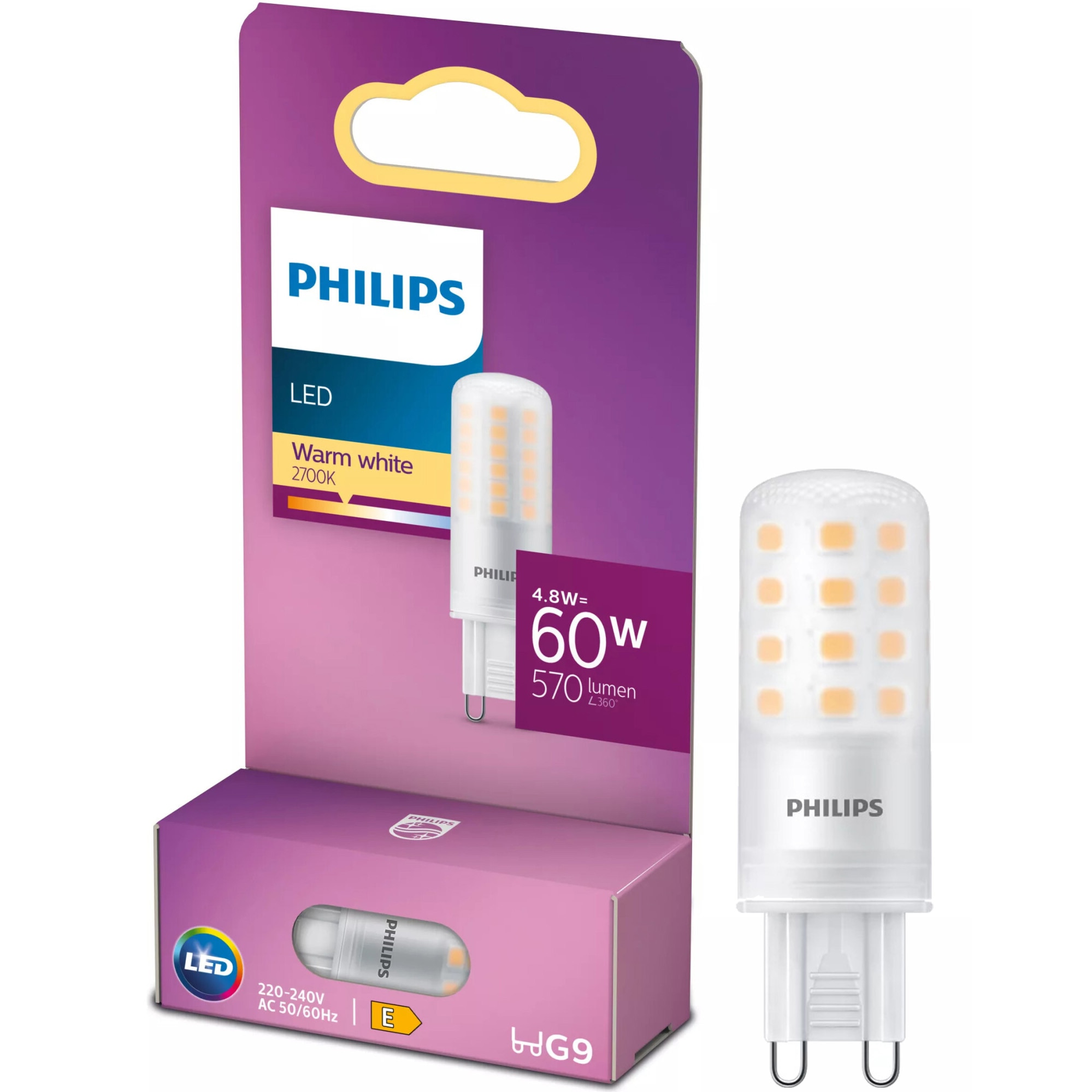 Bec LED capsula Philips, G9, 4.8W (60W), 570 lm, lumina calda (2700K), Clasa energetica E
