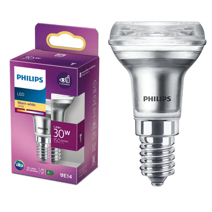 Philips E14 LED izzó, R50, 1,8W, 150lm, 2700K, meleg fehér