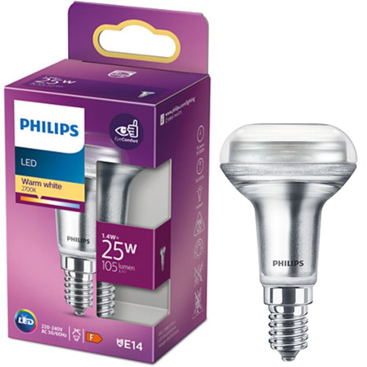 LED крушка Philips Reflector R50, E14, 1.4W (25W), 105 lm, топла светлина (2700K), енергиен клас F