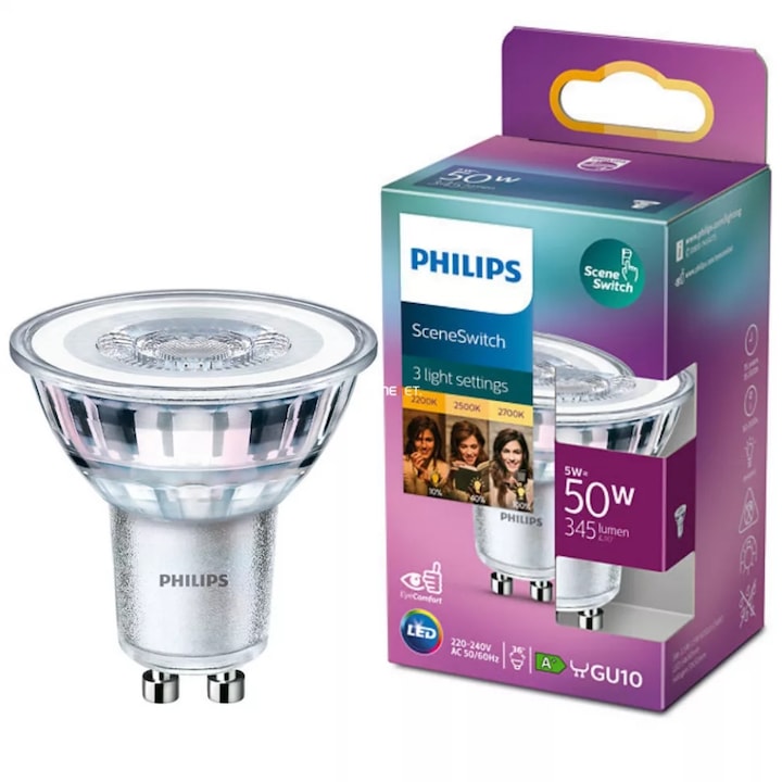 Philips GU10 LED 5W 345lm 2700-2200K SceneSwitch normál kapcsolóval szabályozható - 50W izzó helyett