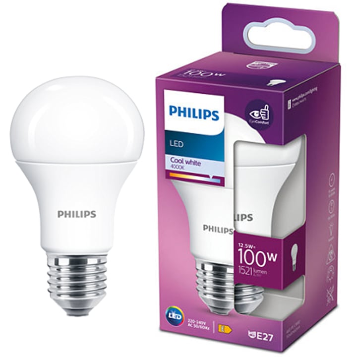 LED крушка Philips A60, EyeComfort, E27, 12.5W (100W), 1521 лумена, Студена бяла светлина (4000K), Енергиен клас E